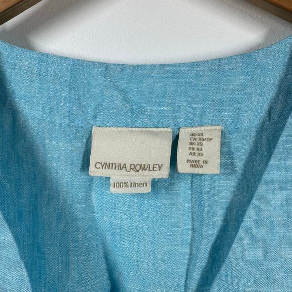 Cynthia Rowley Top Women XS Blue 100% Linen Beach Coastal Spring V Neck Blouse - Picture 5 of 5